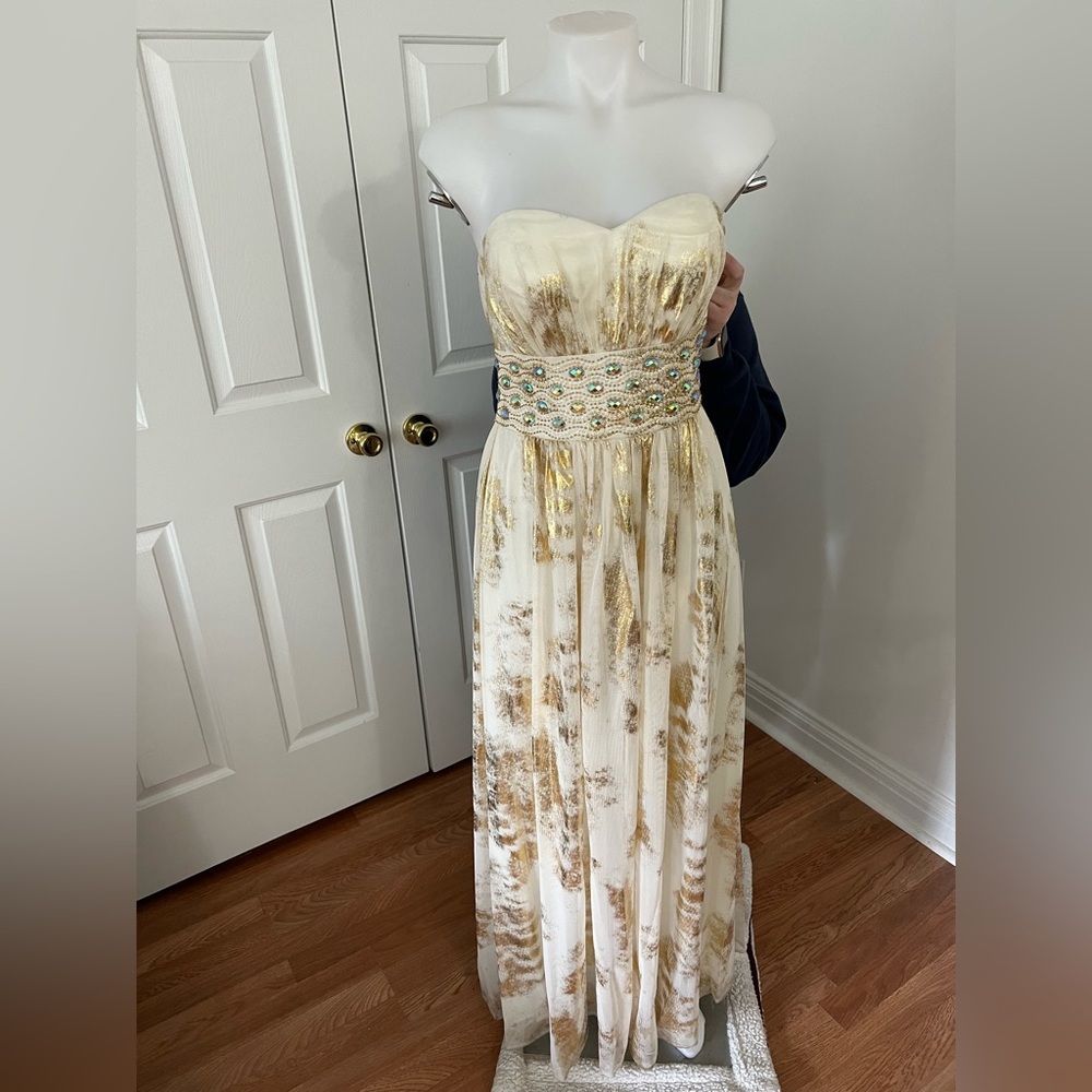 White & gold, beautiful strapless formal or prom dress!
